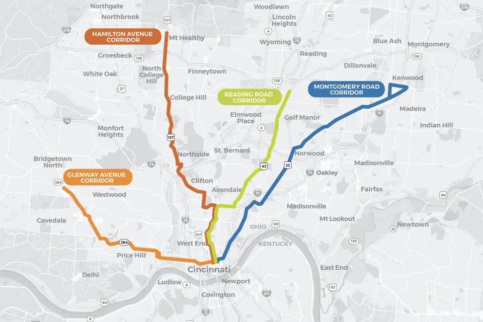 A map shows four proposed transit routes into and out of Cincinnati.